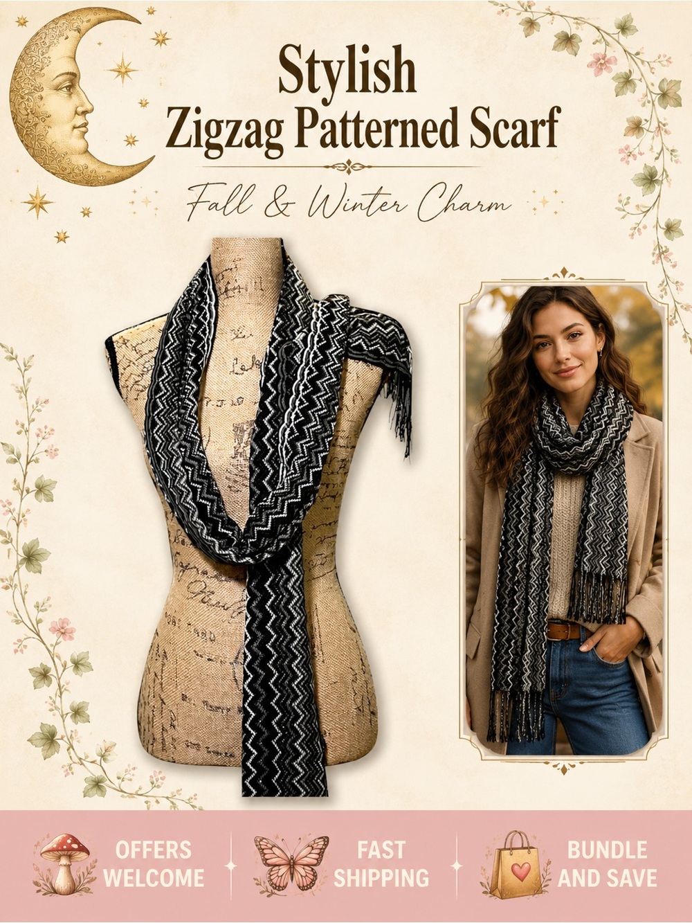 Stylish Black & White Zigzag Scarf with Fringe